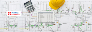 Architectural building plans laid out with a calculator and glasses to analyze scope assumptions that affect plumbing estimating during tendering.