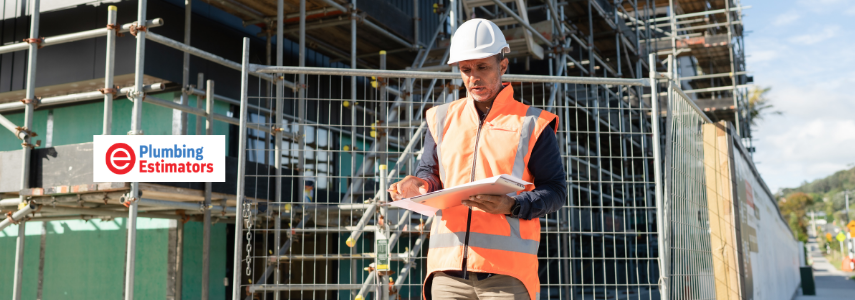 Estimator in a hard hat reviewing hydraulic plans in front of site scaffolding.