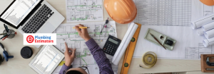 Estimator conducting a scope review over hydraulic plans to improve plumbing estimating accuracy.
