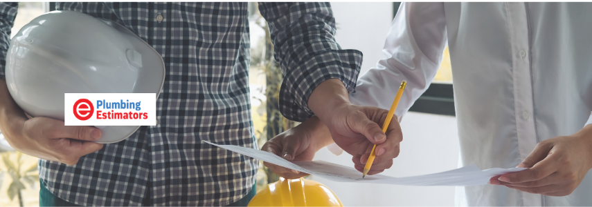Contractors reviewing and signing plumbing tender documents on site, representing supplier quote comparison for a plumbing tender