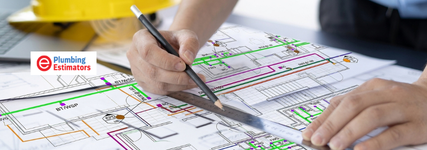 Reviewing hydraulic plans with a ruler to evaluate a tender for plumbing estimating.