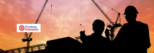 Plumbing estimators reviewing a commercial construction site at sunset, representing supplier quote gaps in a plumbing estimate