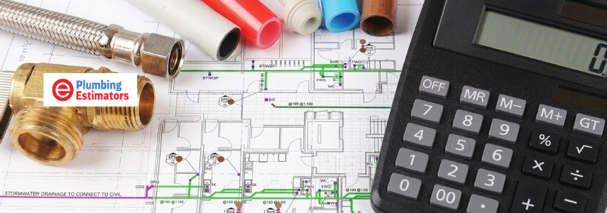 Plumbing supplies, including brass fittings, flexible hoses, colored PEX piping, and a calculator placed over architectural drainage plans, illustrating how pipe depth affects civil drainage estimates.